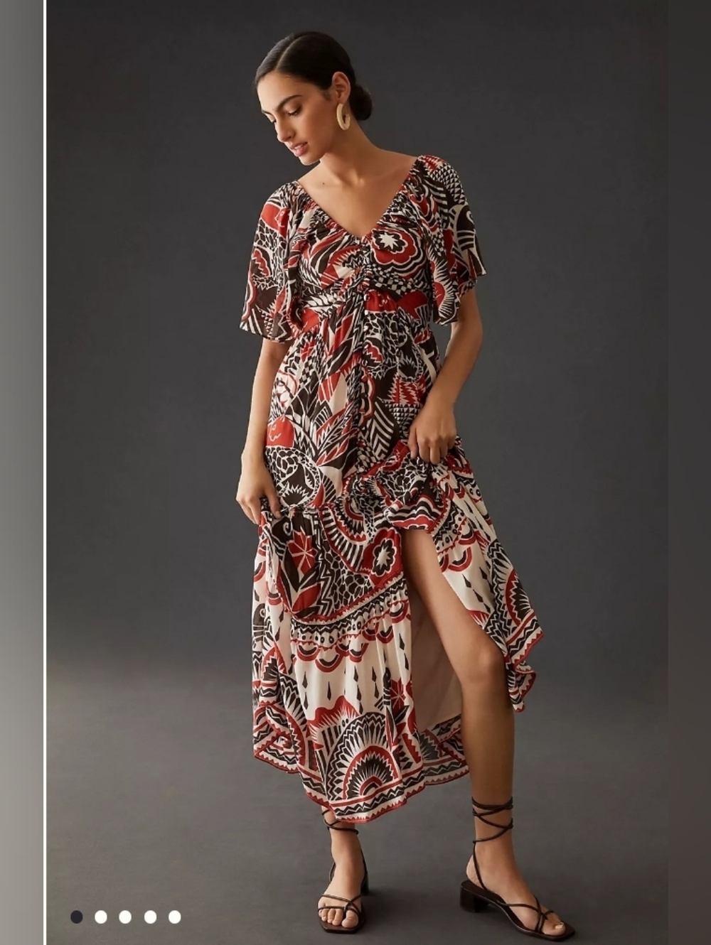 Anthropologie Red Black Cream V-Neck Tiered Maxi Dress XS